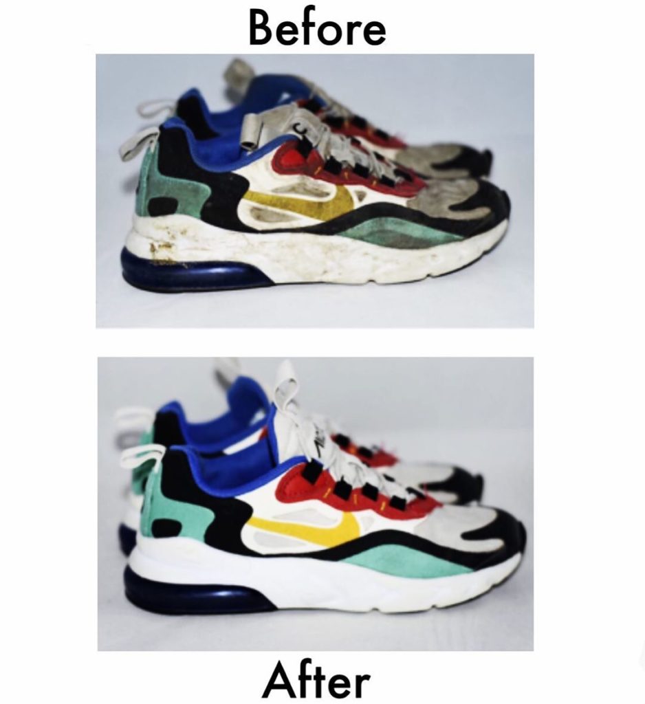 voor en na het gebruik van Dr. FrisK sneaker care 